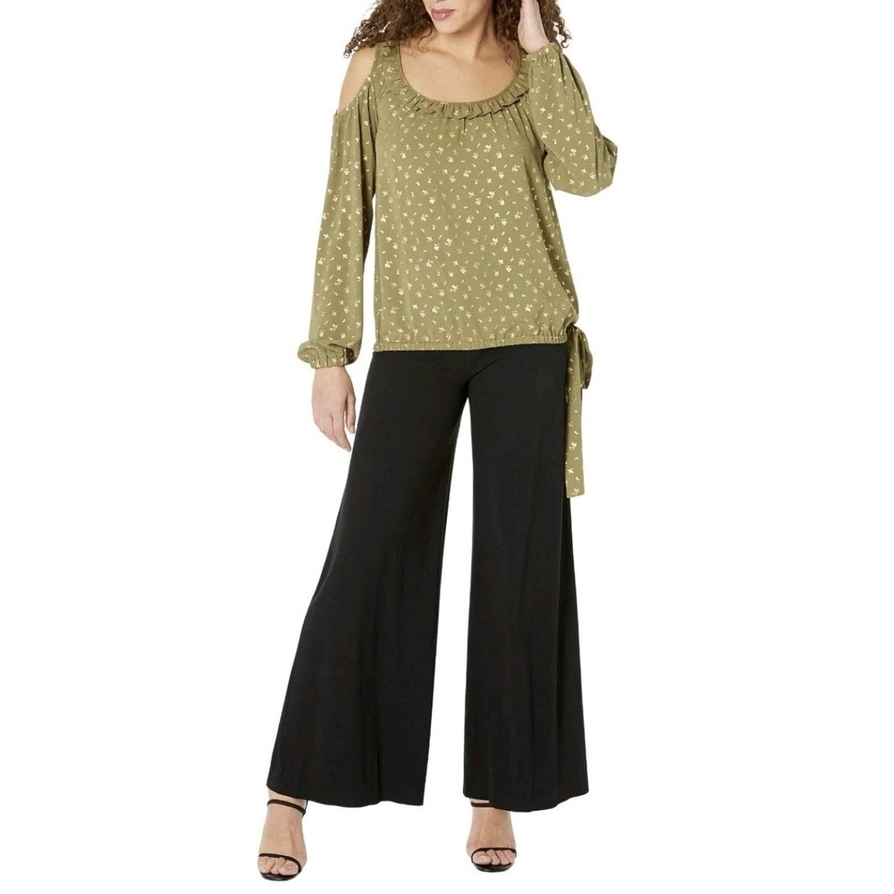 Michael Kors Retro Cold Shoulder Blouse Green Gold Floral Boho Loose Fit XS